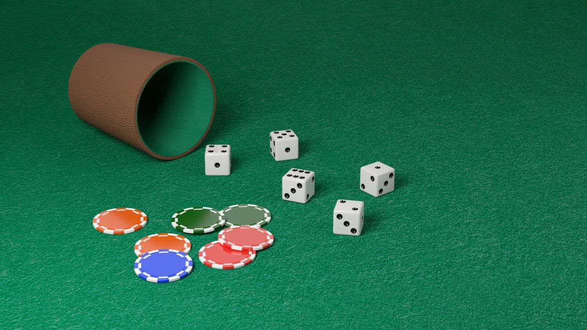 Dice and dice cup and chips on a green cloth. 3d illustratio